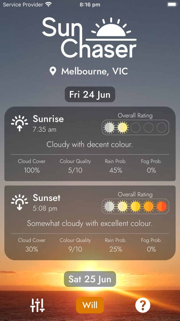 A screenshot of the Sun Chaser app