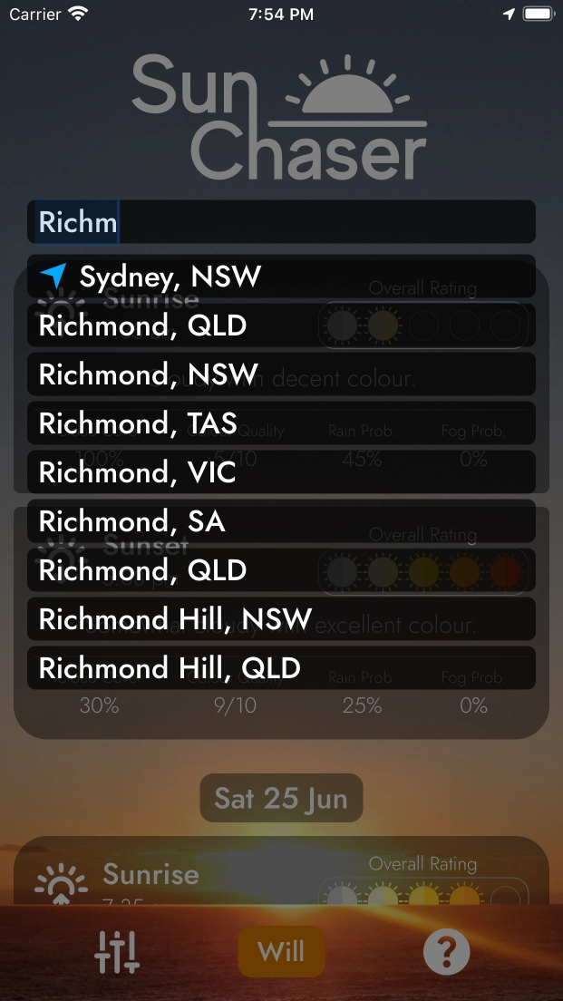 A screenshot of the Sun Chaser app