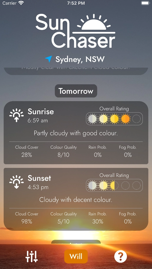 A screenshot of the Sun Chaser app